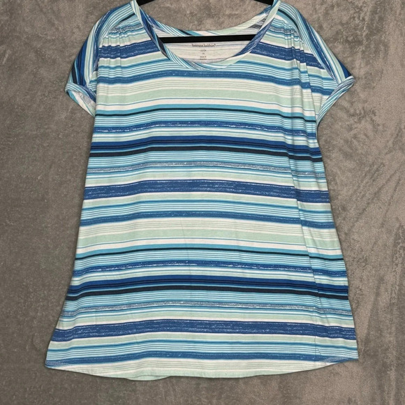 Woman Within 1X Shirt Top Blue Striped Cap Short Sleeve Scoop Neck Cotton Knit - Picture 1 of 7